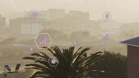 Overlay appearing starting palm tree staying while hex icons drifting, scaling, showing air metrics. Cityscape, rooftop, urban, hazy, data, visualization, abstract - Powered by Shutterstock - Get 15% off with code: PIKWIZARD15