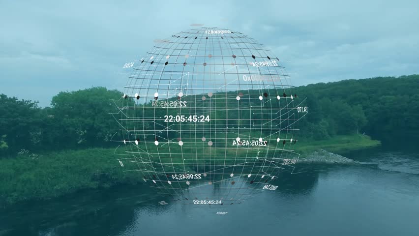 Translucent globe starting over river, rotating and pulsing while visualizing numeric data. Hologram, geospatial, latlong, grid, markers, analytics, visualization