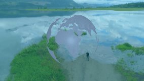 Woman standing on shore, globe appearing hovering above her, rotating showing continents for tech. Aerial, drone, peninsula, lake, reflection, landscape, contemplation - Powered by Shutterstock - Get 15% off with code: PIKWIZARD15
