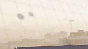 Blur lifting, turquoise data overlay shifting, bars filling, globe appearing, visualizing city data. Infographic, urban, skyline, haze, crane, rooftop, grid - Powered by Shutterstock - Get 15% off with code: PIKWIZARD15