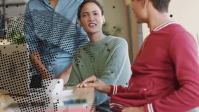 Seated woman shifting to smiling as coworker gesturing near PC, code overlay guiding tech agreement. Collaboration, discussion, office, desk, colleagues, teamwork, engagement - Powered by Shutterstock - Get 15% off with code: PIKWIZARD15