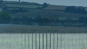 Data overlay fading, turbine emerging, flare sweeping, blocks forming 3D bars showing energy trends. Windfarm, countryside, farmland, horizon, landscape, visualization, analytics - Powered by Shutterstock - Get 15% off with code: PIKWIZARD15