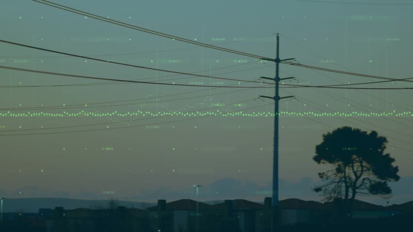 Camera panning right, pole morphing into steel towers while green waveform pulsing, showing audio. Twilight, silhouette, infrastructure, suburban, pylons, data, visualization - Powered by Shutterstock - Get 15% off with code: PIKWIZARD15