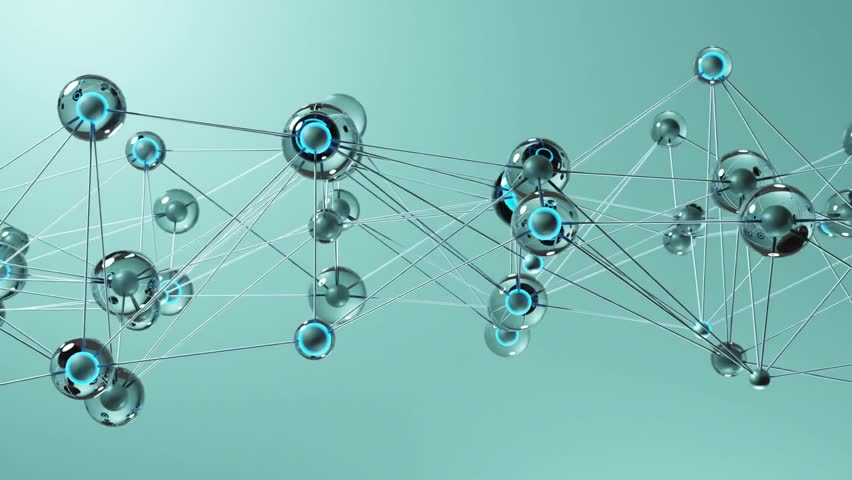 Camera pan starting metallic network drifting right as cyan magenta code scrolling visualizing data. Spheres, rods, tech, 3d, holographic, parallax, futuristic