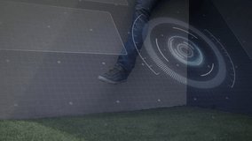 Man on concrete ledge using tablet with AR overlay analyzing tech while camera revealing HUD, chart. Device, analytics, circuitry, interface, urban, outdoor, digital - Powered by Shutterstock - Get 15% off with code: PIKWIZARD15