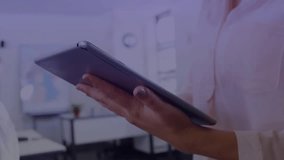 Woman holding tablet, moving and touching screen, HUD animating chart and globe for tech scan. Holographic, interface, analytics, visualization, dashboard, device, futuristic - Powered by Shutterstock - Get 15% off with code: PIKWIZARD15