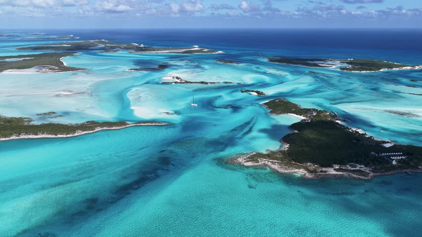 Exuma Skyline At Exuma Islands In Black Point Bahamas. Stunning Cityscape. Beach Landscape. Shades Of Blue Watercolor. Exuma Skyline In Exuma Islands In Black Point Bahamas. Caribbean Background.