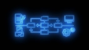 A neon-blue technology workflow featuring interconnected digital blocks, screens, and communication symbols arranged in a modern and futuristic interface. - Powered by Shutterstock - Get 15% off with code: PIKWIZARD15