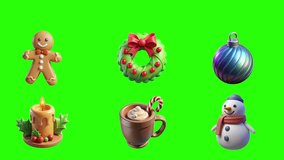 3D Christmas icons rotating on green screen featuring ornament ball, candle, wreath, hot cocoa mug, snowman and festive holiday elements - Powered by Shutterstock - Get 15% off with code: PIKWIZARD15