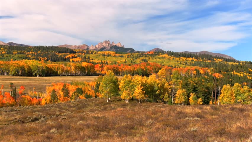 The Castle Mountain Mill Castle Gunnison National Forest Crested Butte Ohio Kebler Pass Colorado aerial drone parallax morning autumn fall Aspen tree colors blue sky clouds ranch farmland upwards
