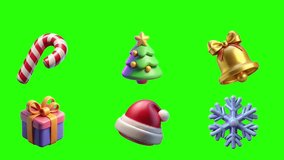Rotating Christmas icons, green screen animation of candy cane, Santa hat, gift box, snowflake, bell, Christmas tree festive motion clip - Powered by Shutterstock - Get 15% off with code: PIKWIZARD15