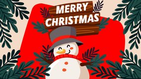 A cheerful snowman wearing a hat and scarf appears under a wooden Merry Christmas sign with festive leaves and bright red background, perfect for holiday greeting footage, winter promos, and seasonal - Powered by Shutterstock - Get 15% off with code: PIKWIZARD15