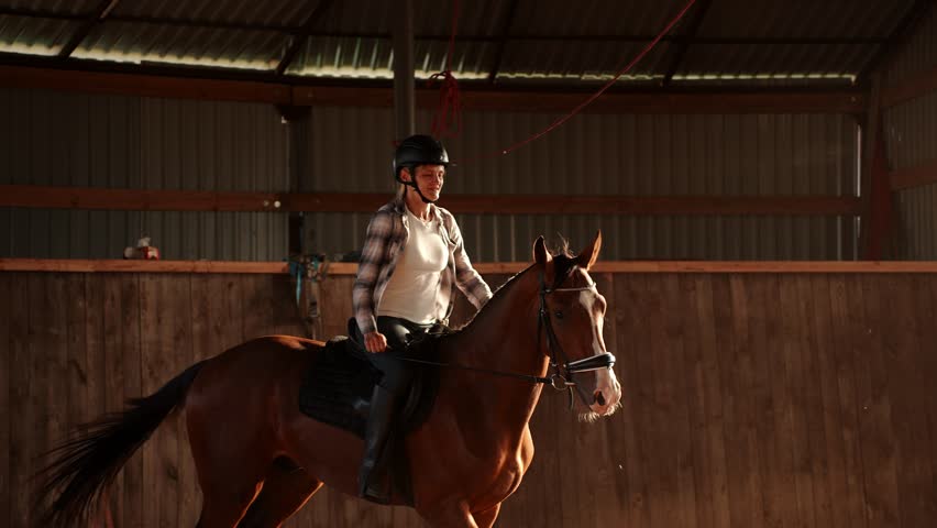 Rider confidently controls horse during training in indoor arena. Horseback riding training. Professional rider, equestrian school, horse training, pet care