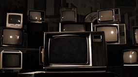 Vintage CRT television stack displaying a neon 3D Happy New Year 2026 greeting on the center screen. Retro broadcast technology background with glossy pink and blue holiday text. - Powered by Shutterstock - Get 15% off with code: PIKWIZARD15