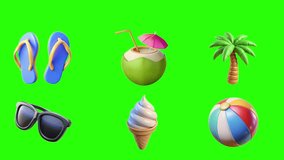 3D tropical summer icons rotating on green screen including palm tree, beach ball, ice cream, sunglasses, coconut drink and flip-flops - Powered by Shutterstock - Get 15% off with code: PIKWIZARD15