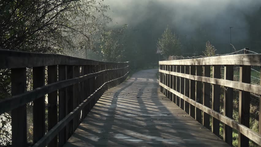 Static Shot Wooden Walking Bridge in Arouca, Portugal on Foggy Morning
