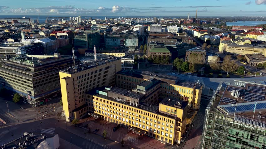 Slowly descending aerial drone view over downtown of Helsinki, Finland.