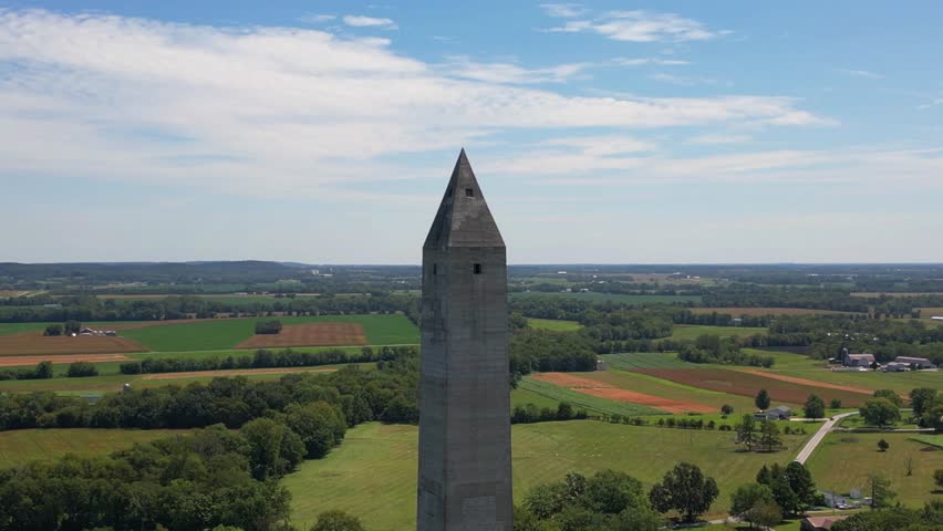 Aerial zoom out shot of the Jefferson Davis Monument, revealing the landscape behind it