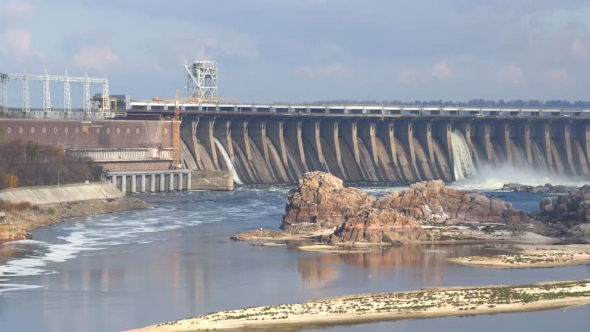Panoramic view of Dnieper HPP in Zaporizhia with dam and rocky banks of the lower pool