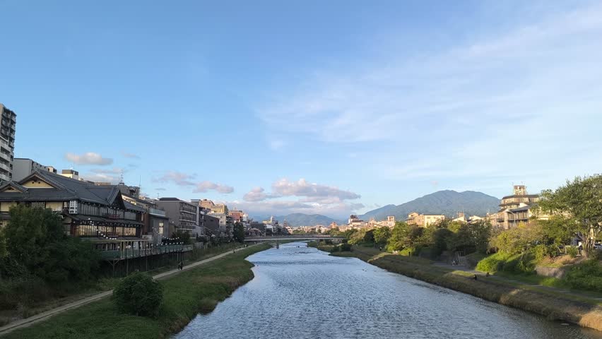 Panoramic at Japan Kyoto’s Kamo River natural landscape around Gion, Pontocho Districts