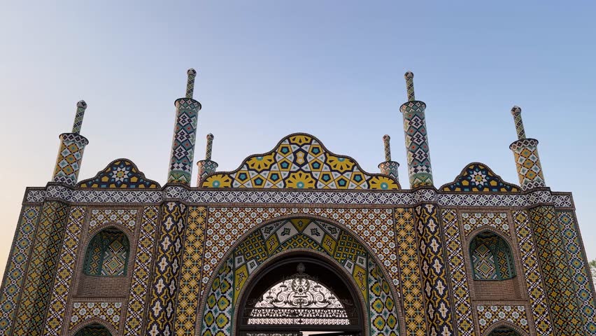 Symmetric Islamic architecture ancient arch minaret old design brick minaret traditional design historic landmark sandstone portal perspective cultural heritage ruins Delhi Tehran Iran UNESCO travel