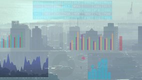 Incoming data arriving, clear panels sliding and reshaping over city skyline showing live charts. Urban, waterfront, dashboards, graphs, pie, donut, translucent - Powered by Shutterstock - Get 15% off with code: PIKWIZARD15