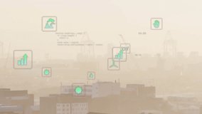Icons appearing over hazy skyline teal HUD overlays shifting pulsing updating visualizing metrics. Cityscape, urban, industrial, data, infographic, augmented, marketing - Powered by Shutterstock - Get 15% off with code: PIKWIZARD15
