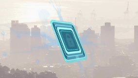 Hazy skyline showing circuitry causing turquoise chip appearing, rotating, pulsing, securing city. Padlock, security, digital, animated, circuit, urban, blue - Powered by Shutterstock - Get 15% off with code: PIKWIZARD15