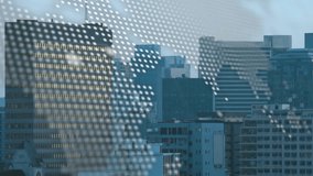 Digital overlay appearing over city skyline, code scrolling then fading, map aligning to show links. Metropolis, skyscraper, rooftops, urban, downtown, glass, antennas - Powered by Shutterstock - Get 15% off with code: PIKWIZARD15
