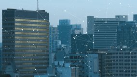 Data overlay appearing over skyline HUD frames sliding grid populating numbers rising showing flow. Rooftop, urban, highrise, visualization, interface, futuristic, network - Powered by Shutterstock - Get 15% off with code: PIKWIZARD15