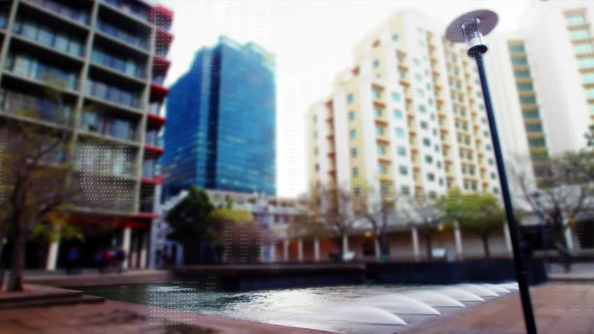 Mirror pool, jets starting lower-left dot grid expanding forming rising binary columns showing data. Reflecting, basin, fountain, urban, plaza, architecture, daylight