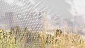 Dotted map shifting and code scrolling causing front grasses revealing skyline for data visuals. Vegetation, cityscape, dotmatrix, overlay, parallax, minimalist, urbanism - Powered by Shutterstock - Get 15% off with code: PIKWIZARD15