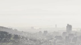 Pointer appearing lower left starting bars growing leftward and lines tracing trends showing trend. Urban, cityscape, skyline, hazy, mist, animated, graph - Powered by Shutterstock - Get 15% off with code: PIKWIZARD15