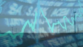 On market data update, teal line chart climbing and oscillating over wind farm, visualizing trends. Turbines, overlay, graph, horizon, renewable, outdoors, cloudy - Powered by Shutterstock - Get 15% off with code: PIKWIZARD15