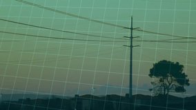 Pink data line appearing left, panning right, revealing pylons, chart tracking power flow at dusk. Towers, transmission, silhouette, grid, sunset, horizon, rural - Powered by Shutterstock - Get 15% off with code: PIKWIZARD15