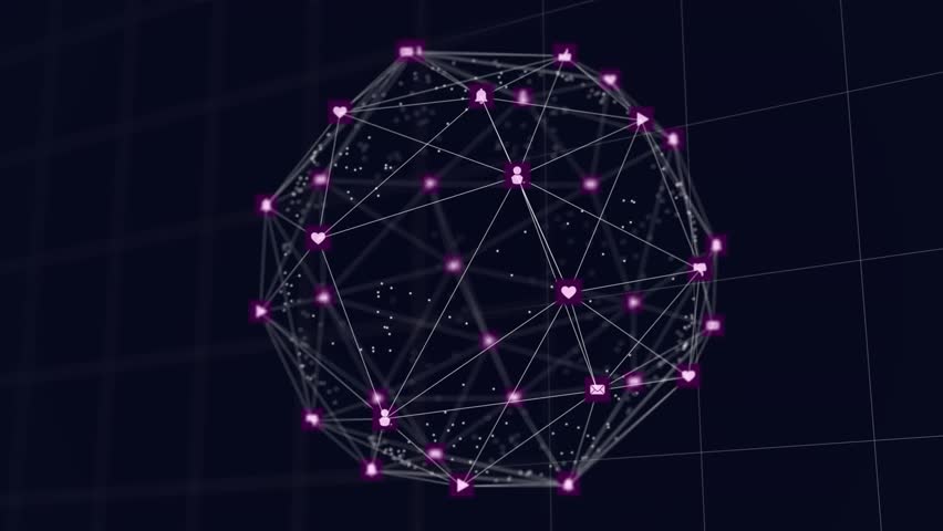 Glowing wireframe sphere pulsing with orange ribbon passing, lighting nodes to map network flow. Neon, mesh, abstract, digital, particles, orbit, violet - Powered by Shutterstock - Get 15% off with code: PIKWIZARD15