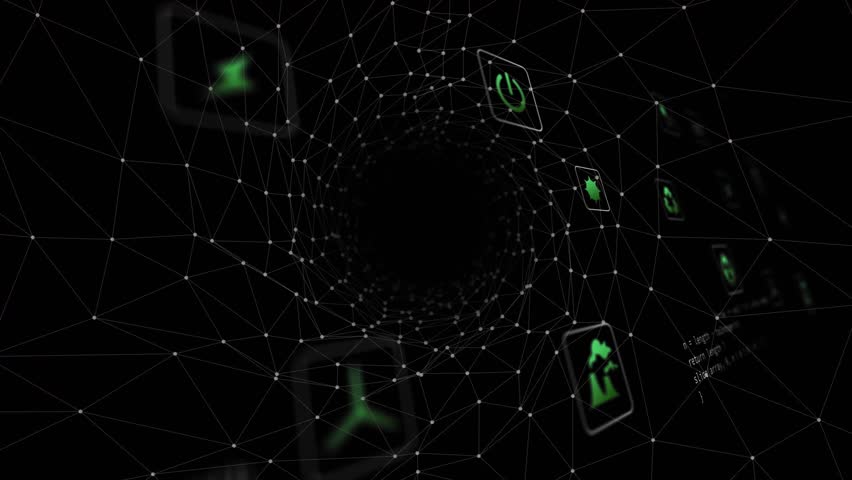 Camera pushing forward wireframe tunnel moving nodes pulsing green tiles rotating showing CO2 data. 3d, mesh, grid, aperture, void, icons, glow