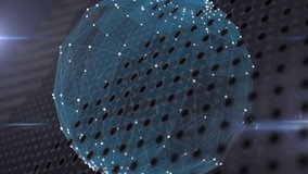 Lens flare sweeping, blue wireframe globe rotating, revealing facets and visualizing network. Sphere, mesh, geodesic, branding, advertising, futuristic, digital - Powered by Shutterstock - Get 15% off with code: PIKWIZARD15