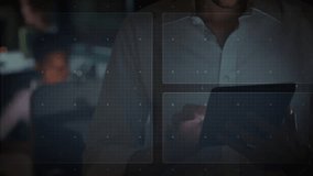 Tech analyst tapping tablet and scrolling in dim room activating radar globe and shifting chart. Analytics, data, dashboard, holographic, hud, overlay, nocturnal - Powered by Shutterstock - Get 15% off with code: PIKWIZARD15