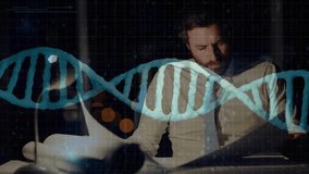Man facing looming deadline, reviewing bio documents in bedroom while DNA helix and code drifting. Night, desk, papers, fatigue, focus, analyst, genetics - Powered by Shutterstock - Get 15% off with code: PIKWIZARD15