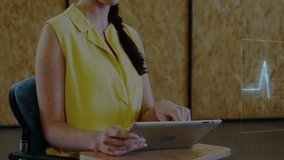 Woman tapping tablet at desk hologram ECG data panels growing shifting, overlaying torso, receding. Futuristic, touchscreen, interface, analytics, signal, office, focused - Powered by Shutterstock - Get 15% off with code: PIKWIZARD15