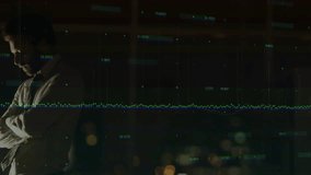 Exec studying waveform and data globe forming beside, raising hand and calling phone about finance. Professional, office, night, cityscape, holographic, visualization, analytics - Powered by Shutterstock - Get 15% off with code: PIKWIZARD15