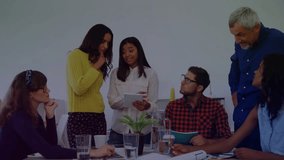 Lead tapping tablet and explaining tech demo in meeting, neon circuit overlay forming over team. Presentation, collaboration, colleagues, conference, digital, futuristic, business - Powered by Shutterstock - Get 15% off with code: PIKWIZARD15