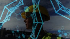 Hard-hat site woman adjusting plans, causing AR wireframe and code over hands, camera tightening. Construction, helmet, vest, blueprints, holographic, overlay, interface - Powered by Shutterstock - Get 15% off with code: PIKWIZARD15