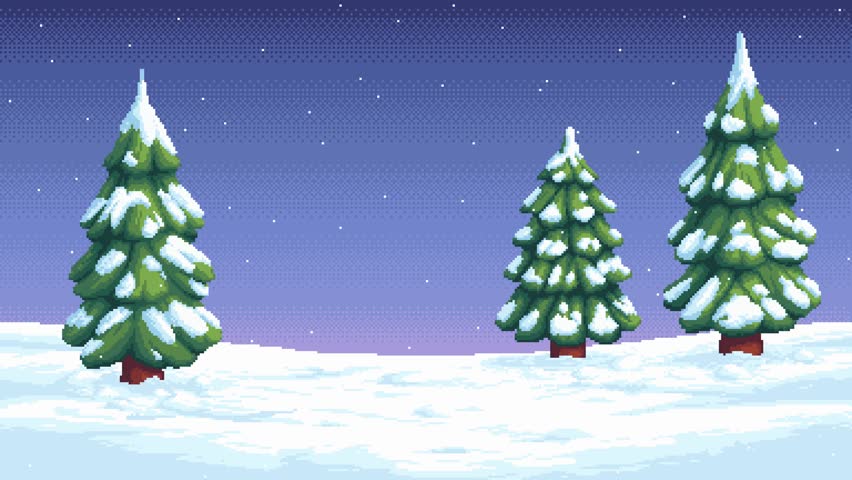 Pixel art animation snow covered pine trees in a snowfall.