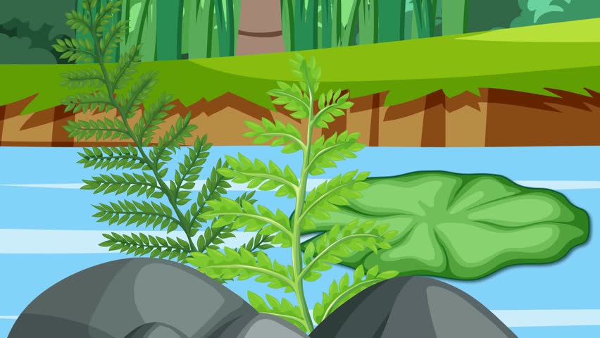 A simple video illustrating the fern life cycle, showing sporangia releasing spores, their growth into gametophytes, fertilization, and the development of young sporophytes into a mature fern plant.