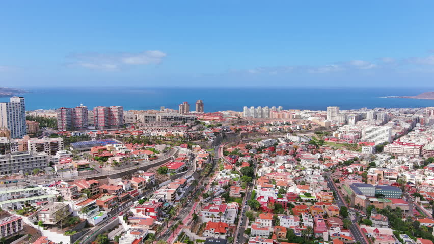 Las Palmas de Gran Canaria, Canary Islands, Spain: Aerial view of one of capital cities of Canary Islands in summer - landscape panorama of  Atlantic Ocean islands from above