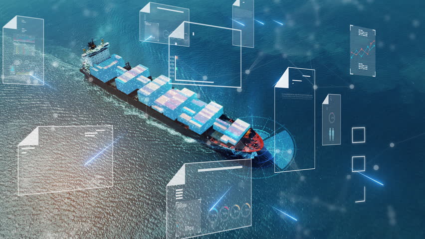 Bill of Landing Cargo Container Ship virtual electronic files and checklists Futuristic digital document management. Receipt of Goods shipment tracking number big data logistics freight transportation