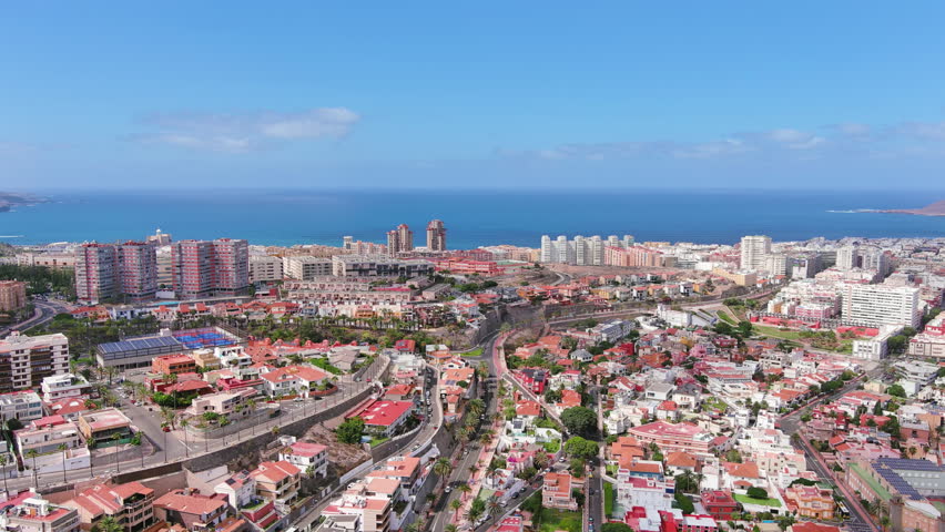 Las Palmas de Gran Canaria, Canary Islands, Spain: Aerial view of one of capital cities of Canary Islands in summer - landscape panorama of  Atlantic Ocean islands from above