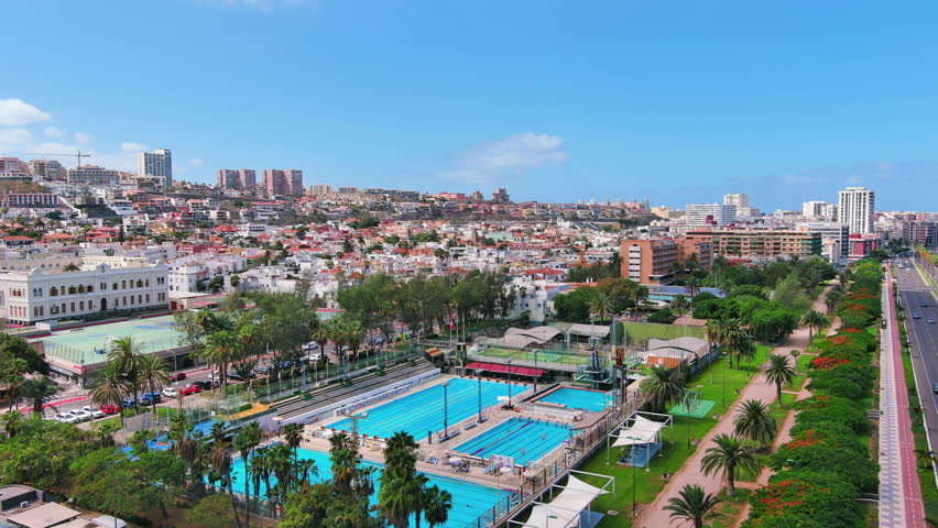 Las Palmas de Gran Canaria, Canary Islands, Spain: Aerial view of one of capital cities of Canary Islands in summer - landscape panorama of  Atlantic Ocean islands from above